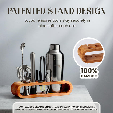 Mixology & Craft bamboo display stand with precision slots keeps tools organized