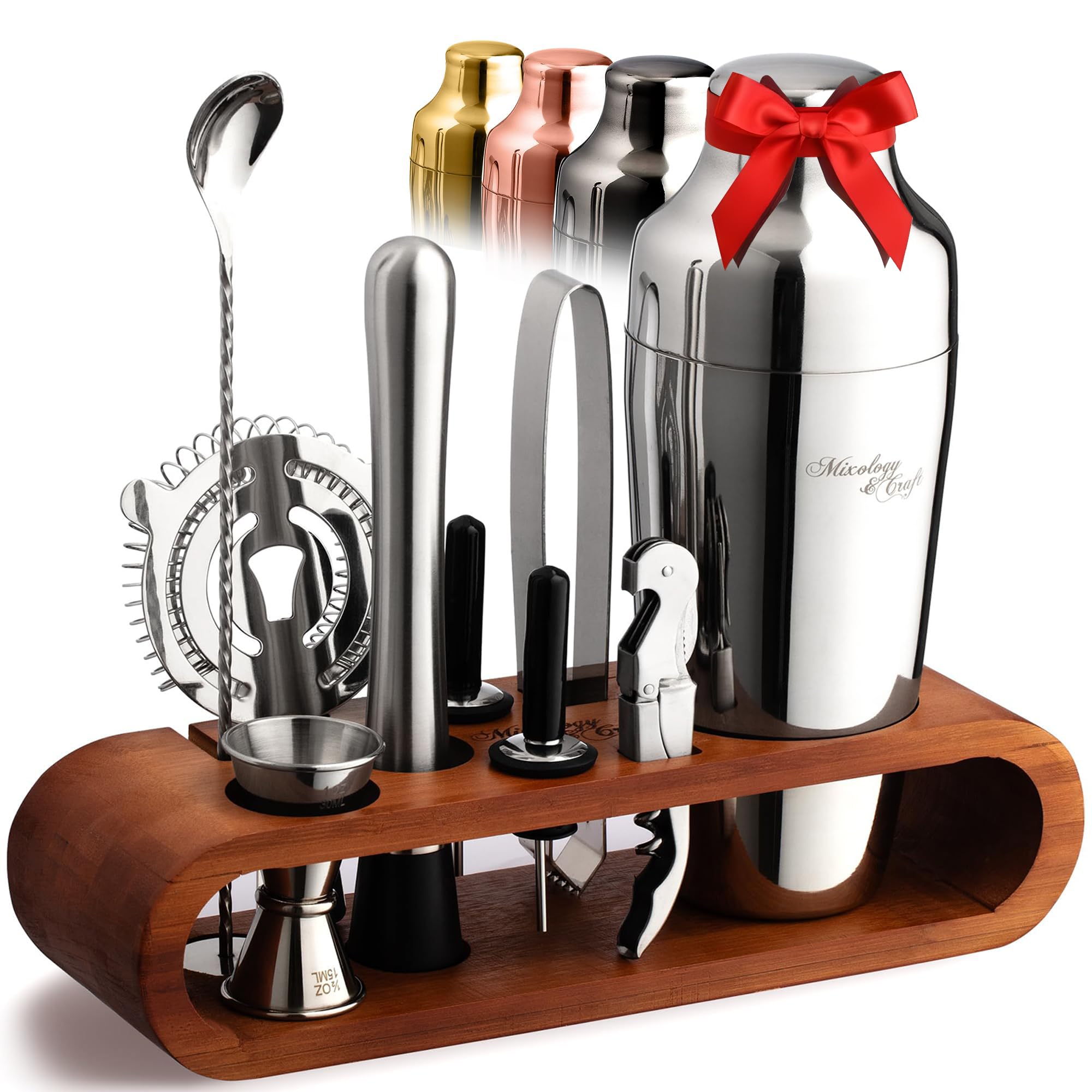 Mixology & Craft cocktail shaker set on dark bamboo stand, ideal for stylish home bartending