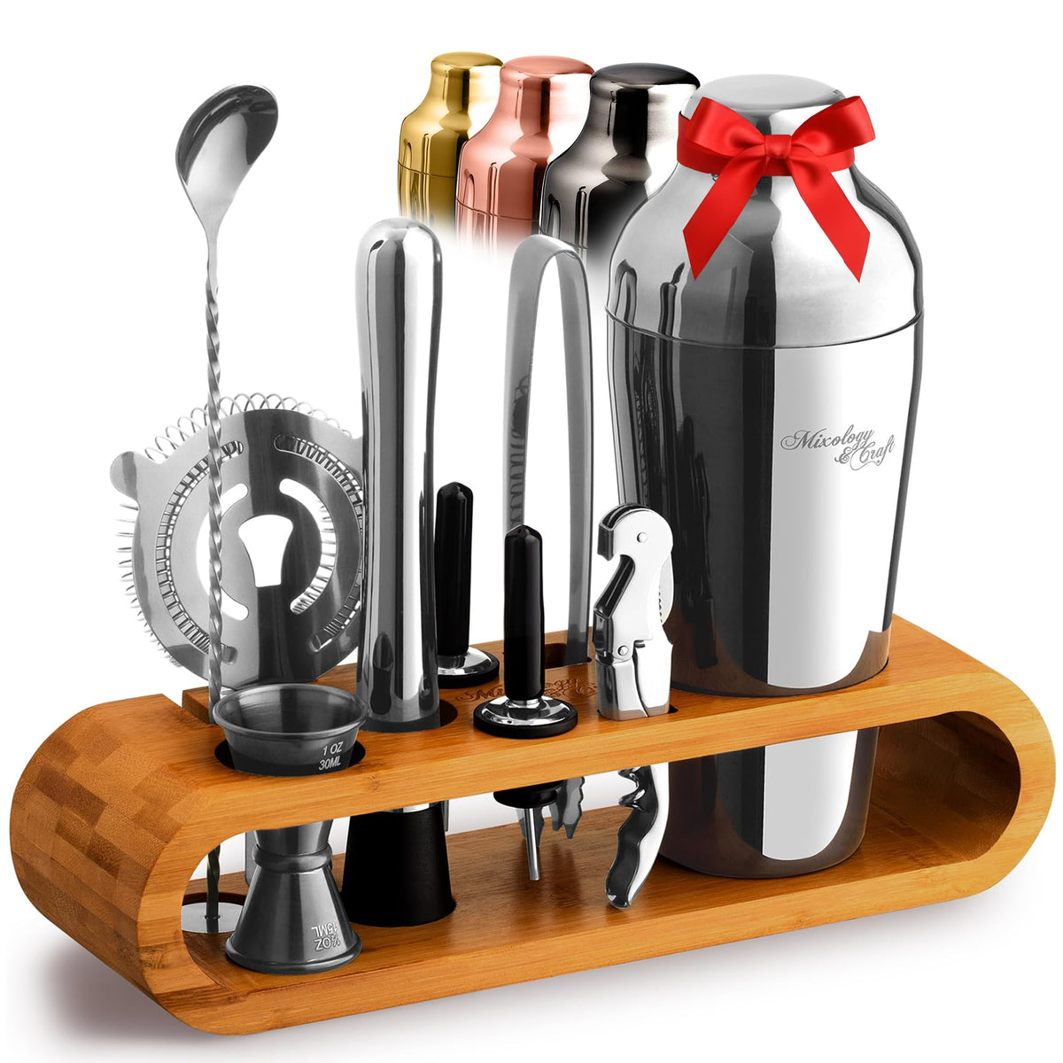 Mixology & Craft cocktail shaker set on bamboo stand for organized style
