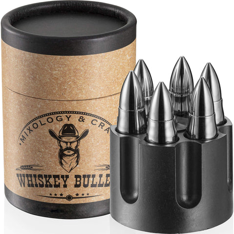 Mixology & Craft whiskey stones close-up in revolver case; premium cooling without dilution.