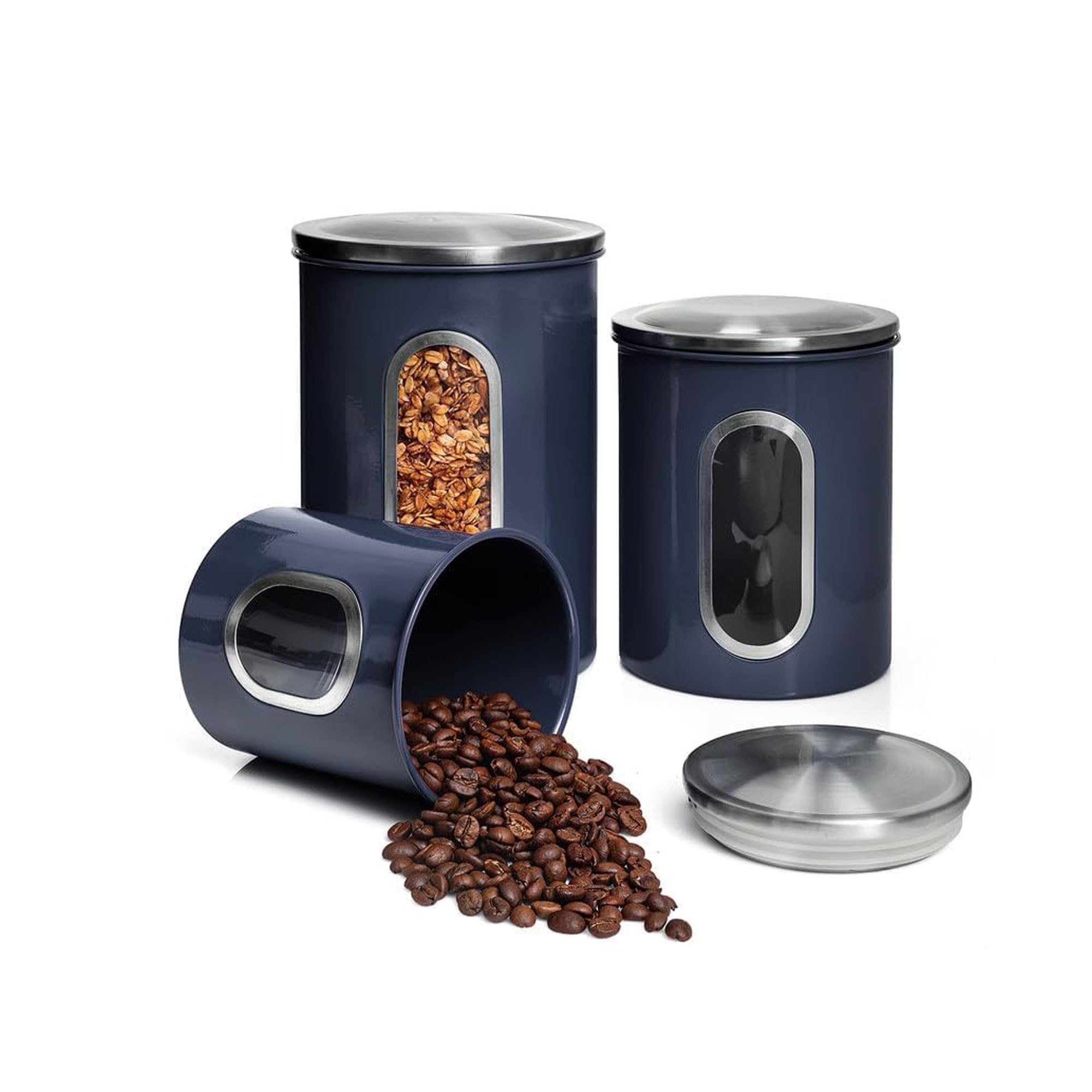 Mixpresso 3-piece blue canisters set with airtight lids and a clear front window.
