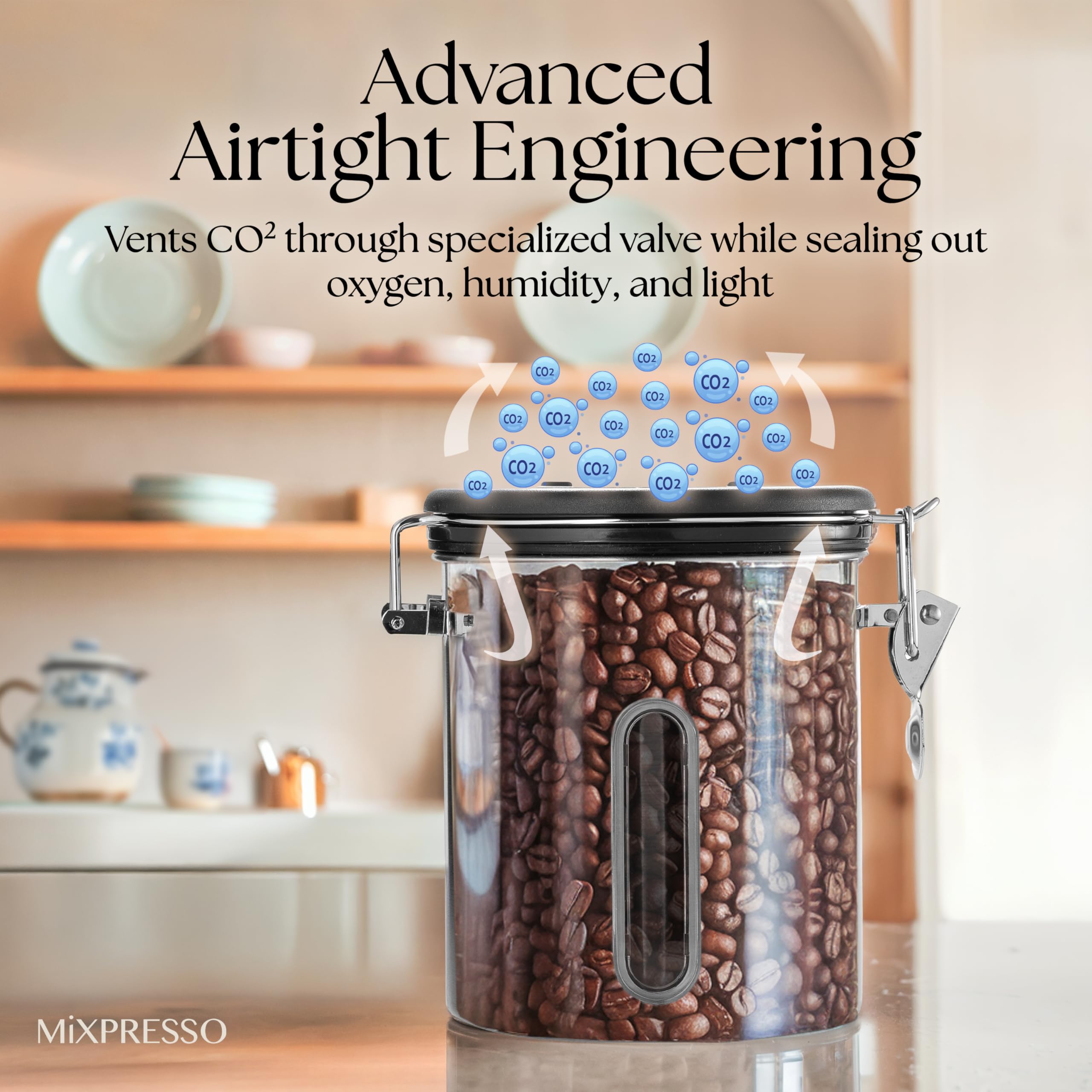 Mixpresso coffee jar with window lets you see contents at a glance.
