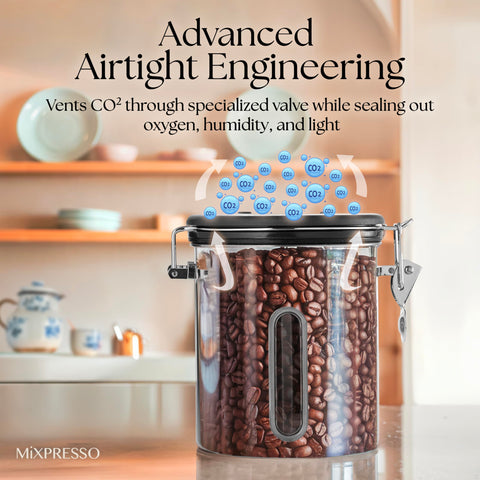Mixpresso coffee jar with window lets you see contents at a glance.