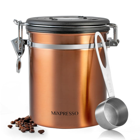Mixpresso 16 oz copper canister with airtight lid preserves coffee aroma.