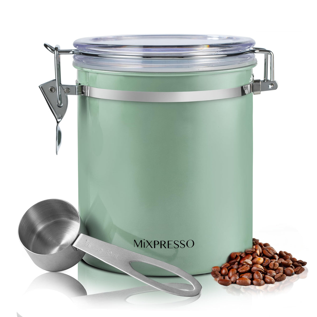 Mixpresso green coffee canister 16oz airtight stores beans and grounds to preserve aroma
