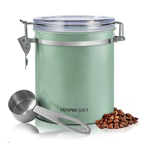 Mixpresso green coffee canister 16oz airtight stores beans and grounds to preserve aroma