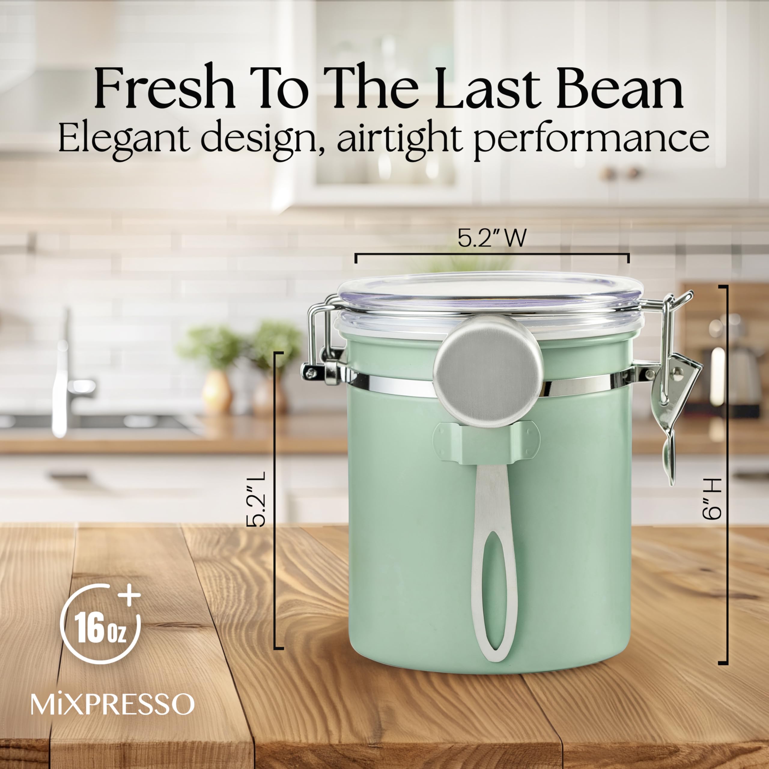 Mixpresso green coffee canister clear lid shows freshness at a glance