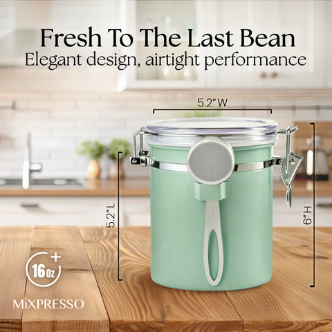 Mixpresso green coffee canister clear lid shows freshness at a glance