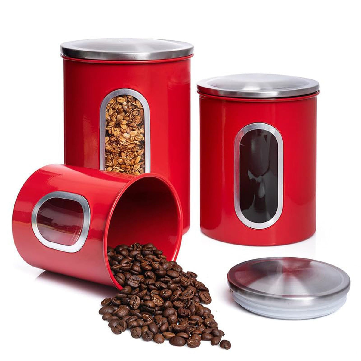 Mixpresso red canisters with front window for quick content checks.
