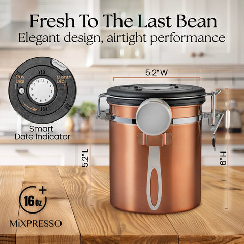 Mixpresso stainless steel airtight container keeps beans and tea dry.
