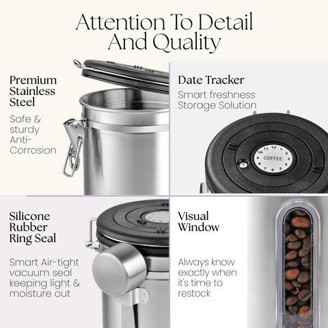 Mixpresso stainless steel airtight container preserves aroma and keeps contents dry.