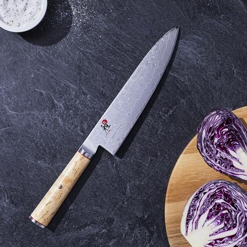 Miyabi Birchwood SG2 8-inch edge close-up highlights razor-like sharpness.