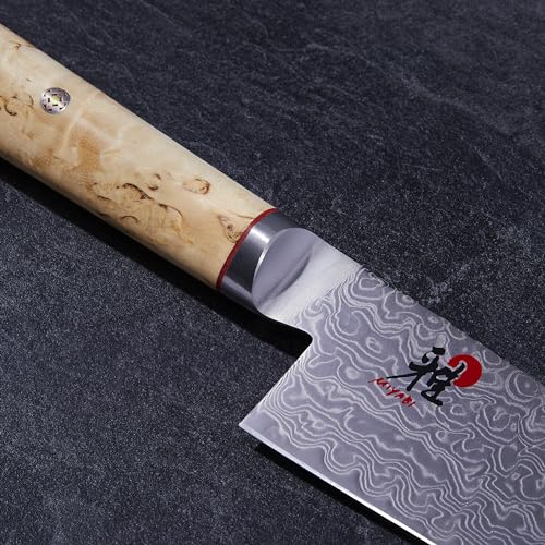 Miyabi Birchwood SG2 8-inch handle close-up shows Karelian Birch comfort.