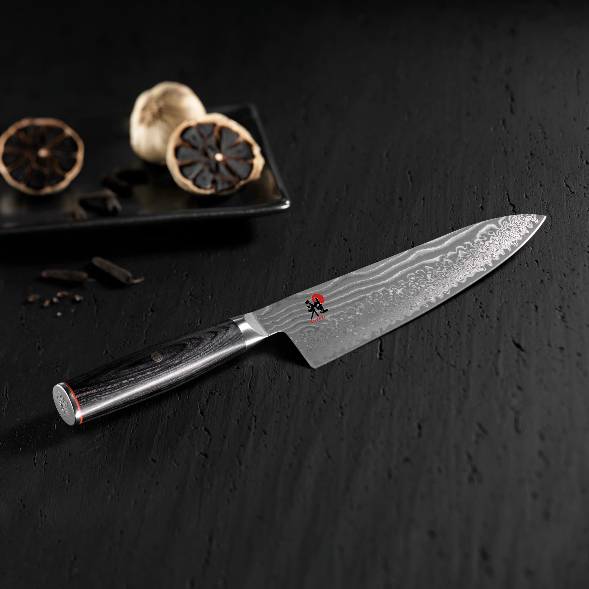 MIYABI Kaizen II with 48-layer Damascus pattern boosts beauty and edge retention.