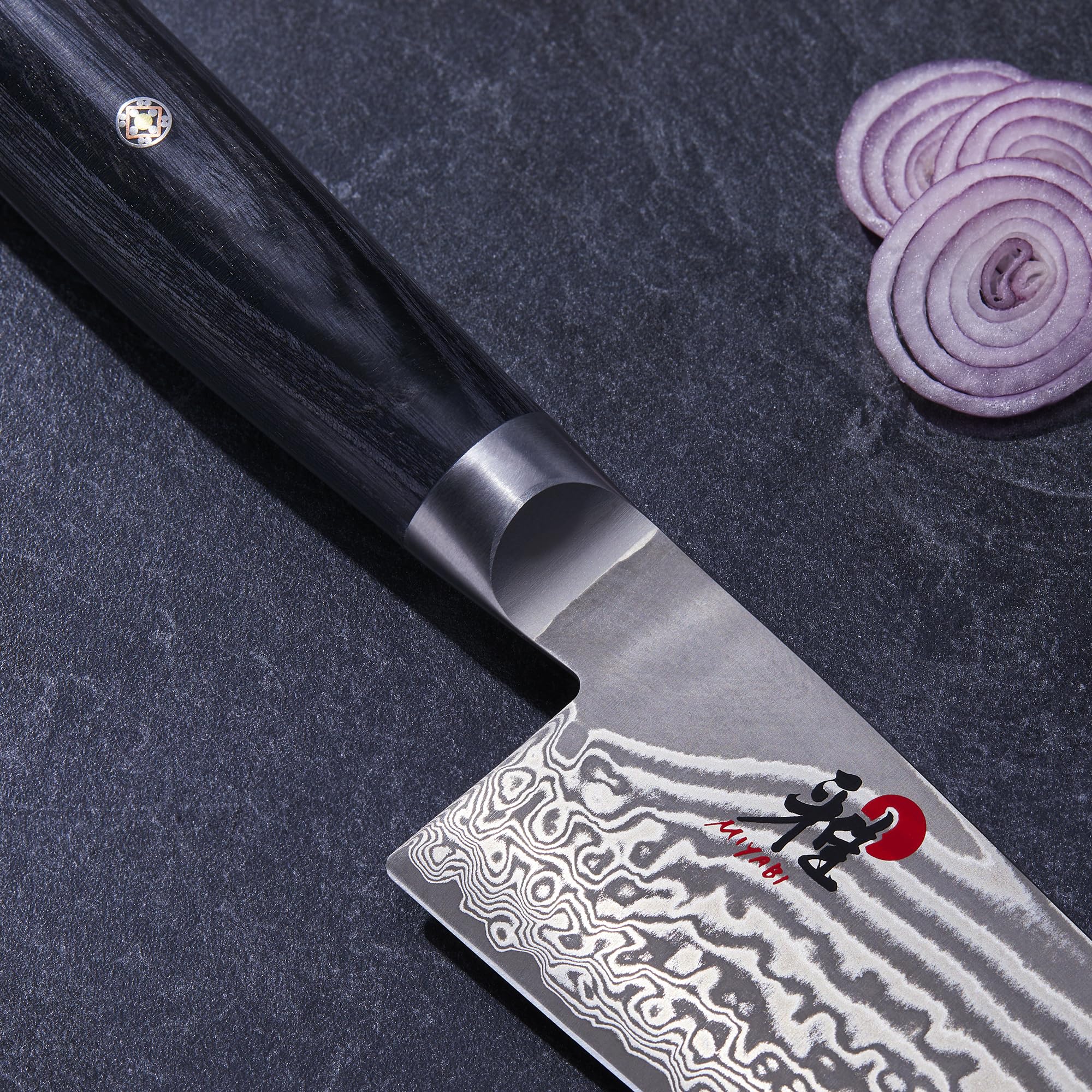 MIYABI Kaizen II D-shaped pakkawood handle offers comfortable grip.