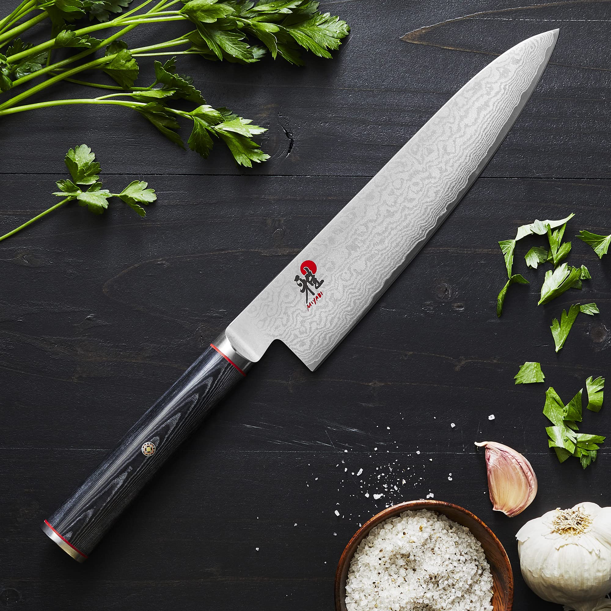 Miyabi Kaizen micarta D-shaped handle provides secure moisture-resistant grip
