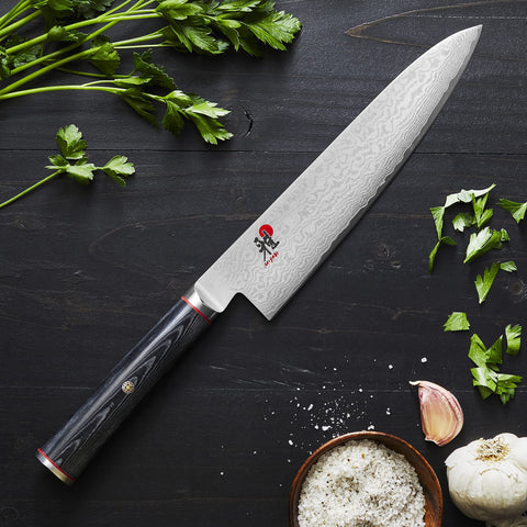 Miyabi Kaizen micarta D-shaped handle provides secure moisture-resistant grip