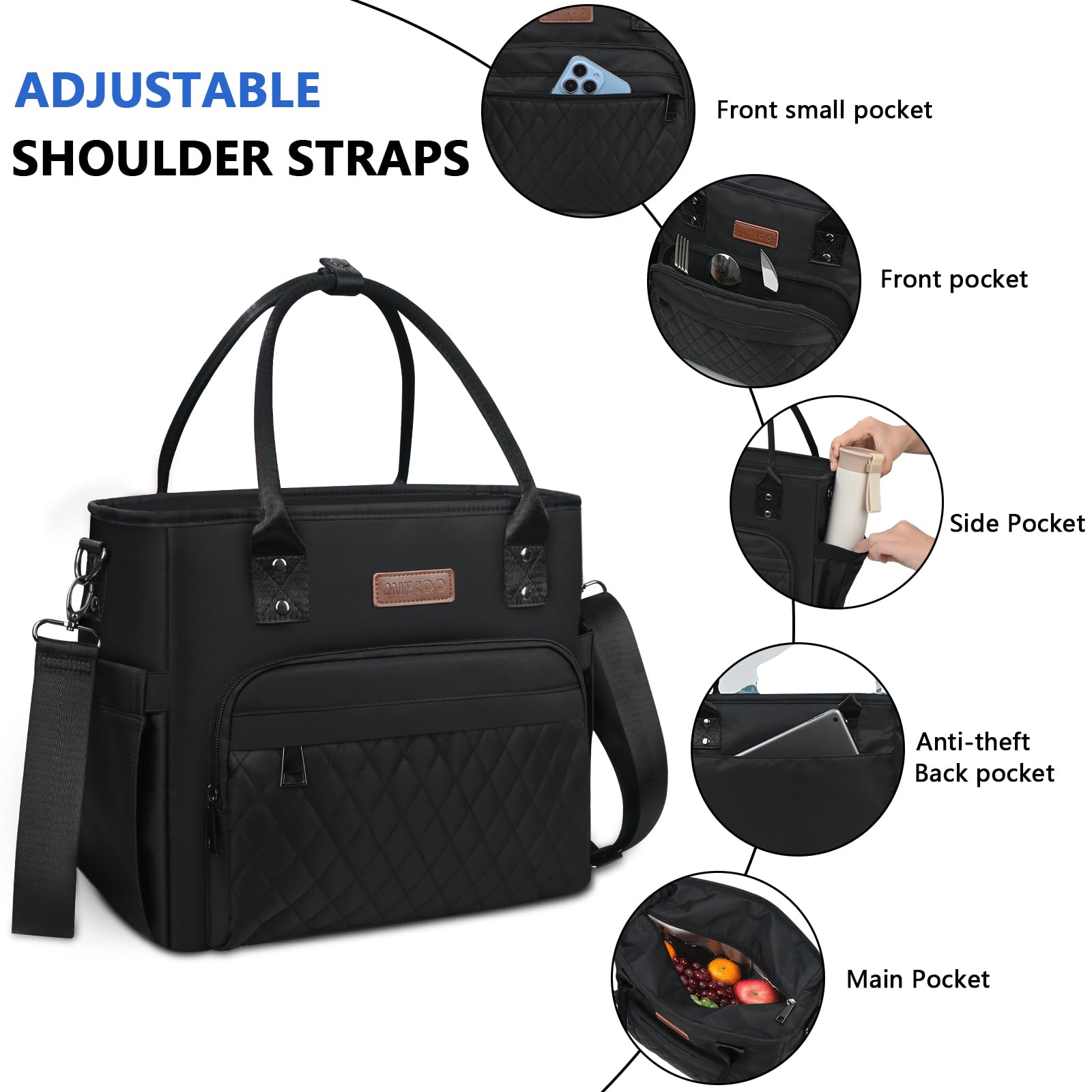 MIYCOO lunch bag front pocket stores phone and wallet securely