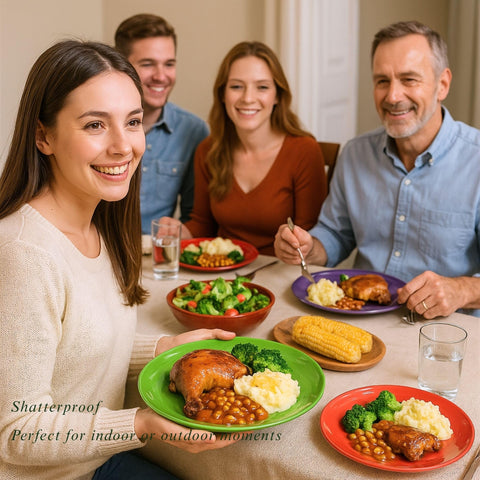 MIYOPESI ceramic-like melamine plates offer safe surfaces for hot and cold dishes.