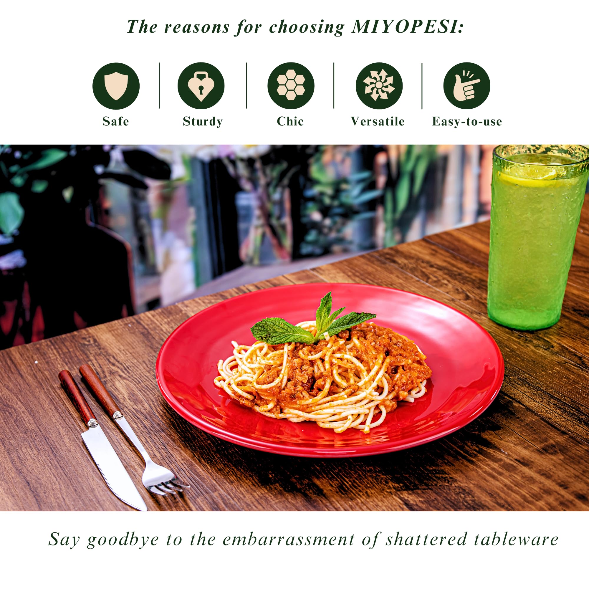 MIYOPESI ceramic-feel melamine plates provide unbreakable reliability for daily use.