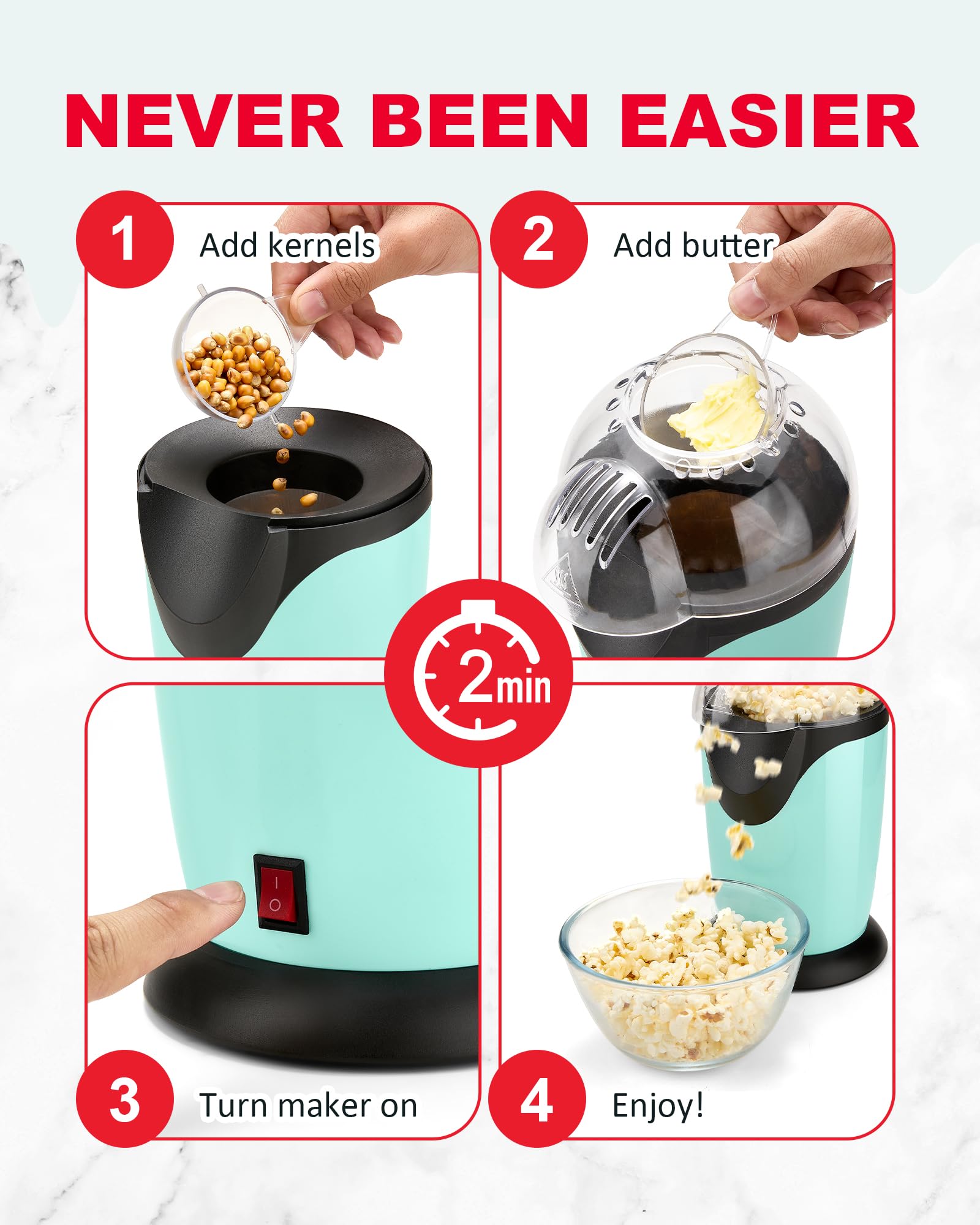 Miyugame fast popcorn under 3 minutes with high-efficiency hot air.