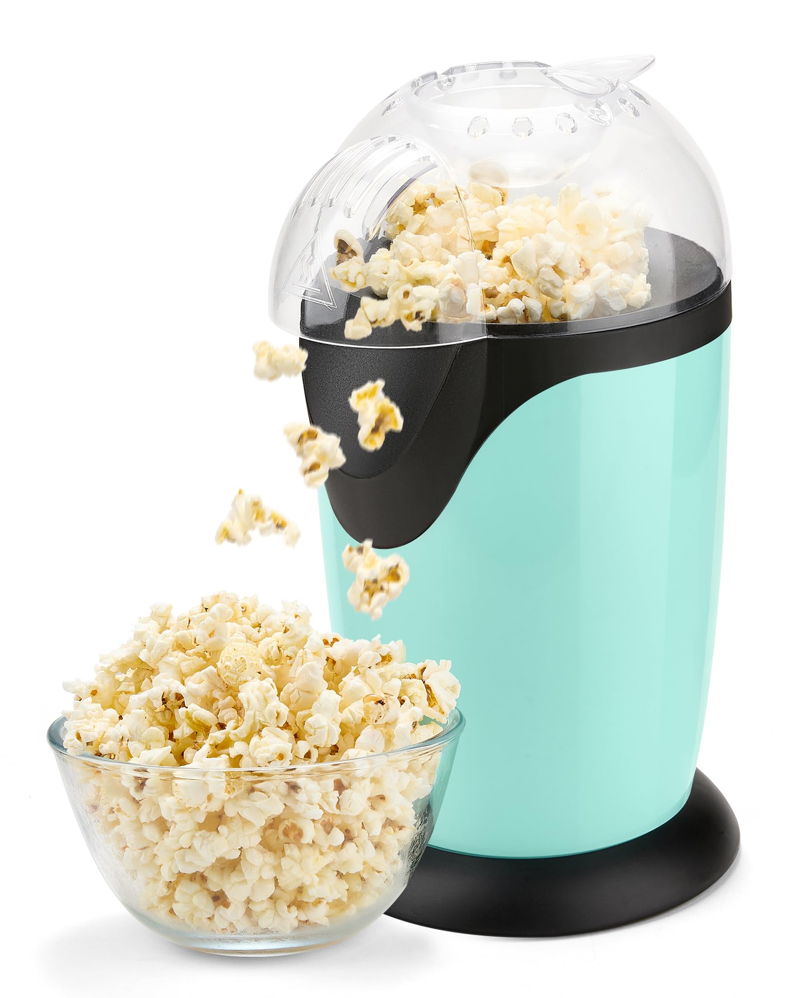 Miyugame hot air popcorn maker front view, showcasing quick, oil-free snacking for movie nights.