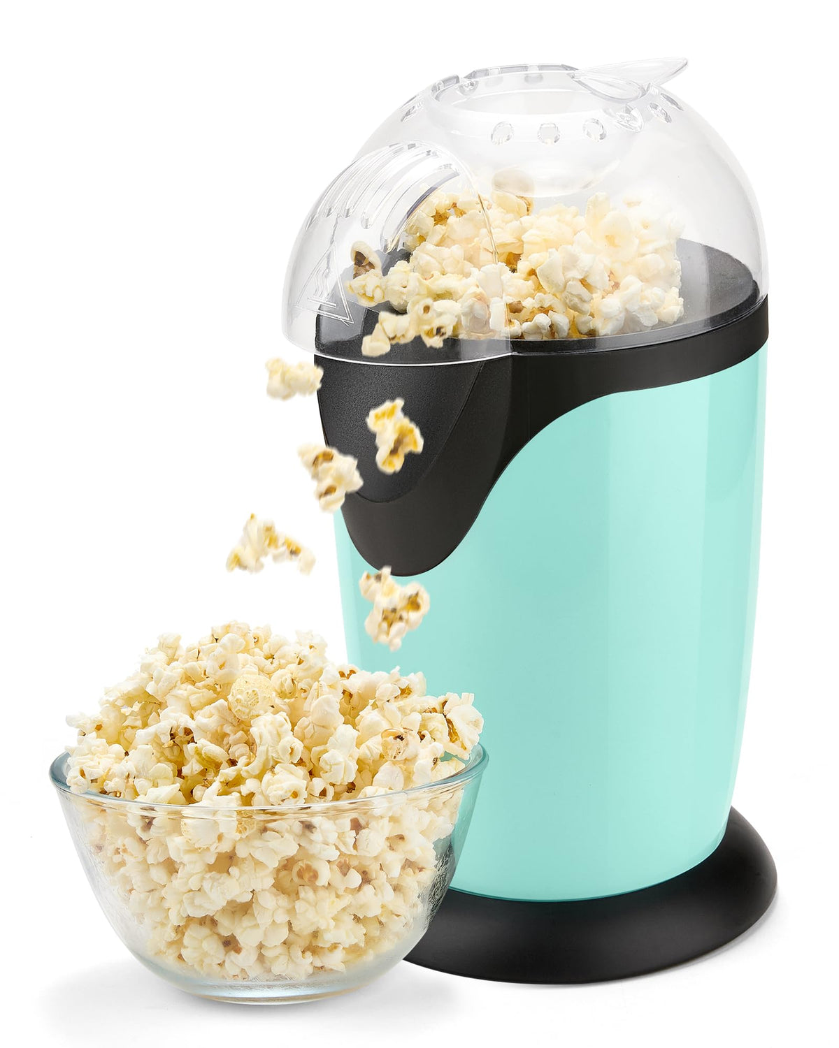 Miyugame hot air popcorn maker front view, showcasing quick, oil-free snacking for movie nights.