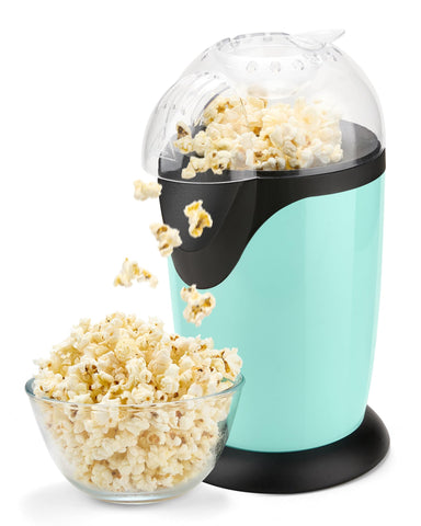 Miyugame hot air popcorn maker front view, showcasing quick, oil-free snacking for movie nights.
