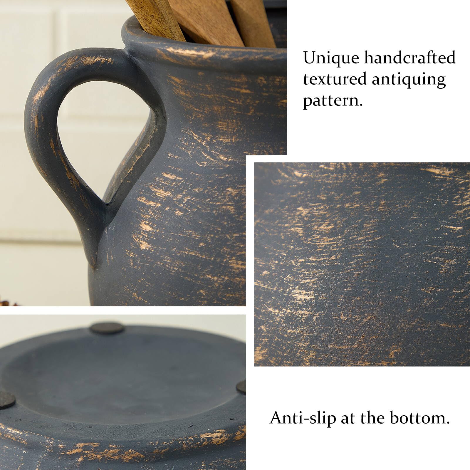 MIYUKI black and gold finish utensil holder with copper imitation elevates farmhouse counter décor.