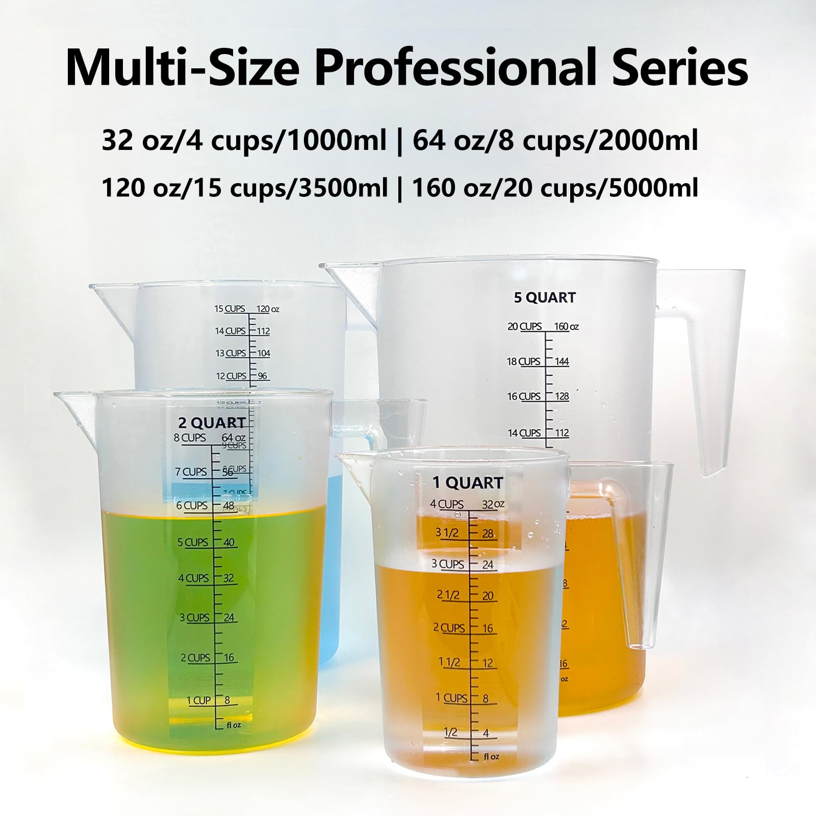 MiziDo measuring cup shows sizes from 32oz to 160oz for versatile tasks.
