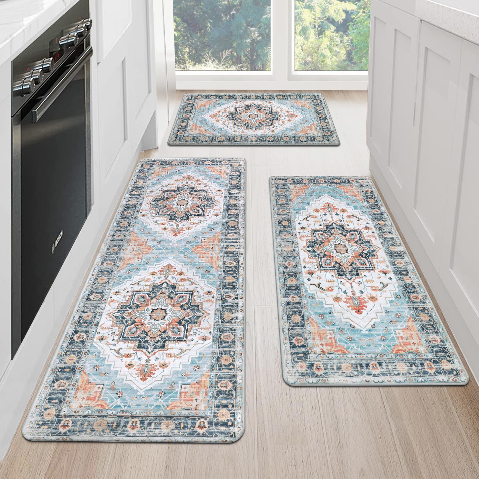 MJIAHOMDEC cushioned kitchen rug set 3-piece for comfortable standing during cooking.