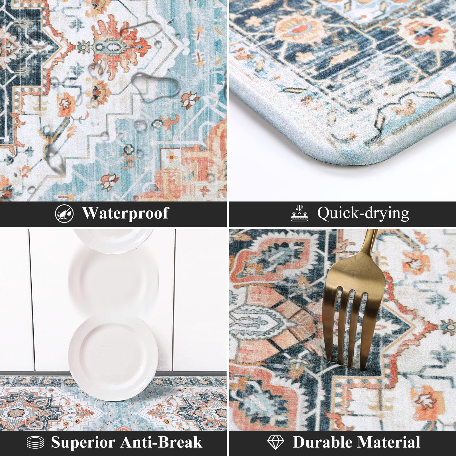 MJIAHOMDEC waterproof kitchen rugs wipe-clean after meal prep messes.
