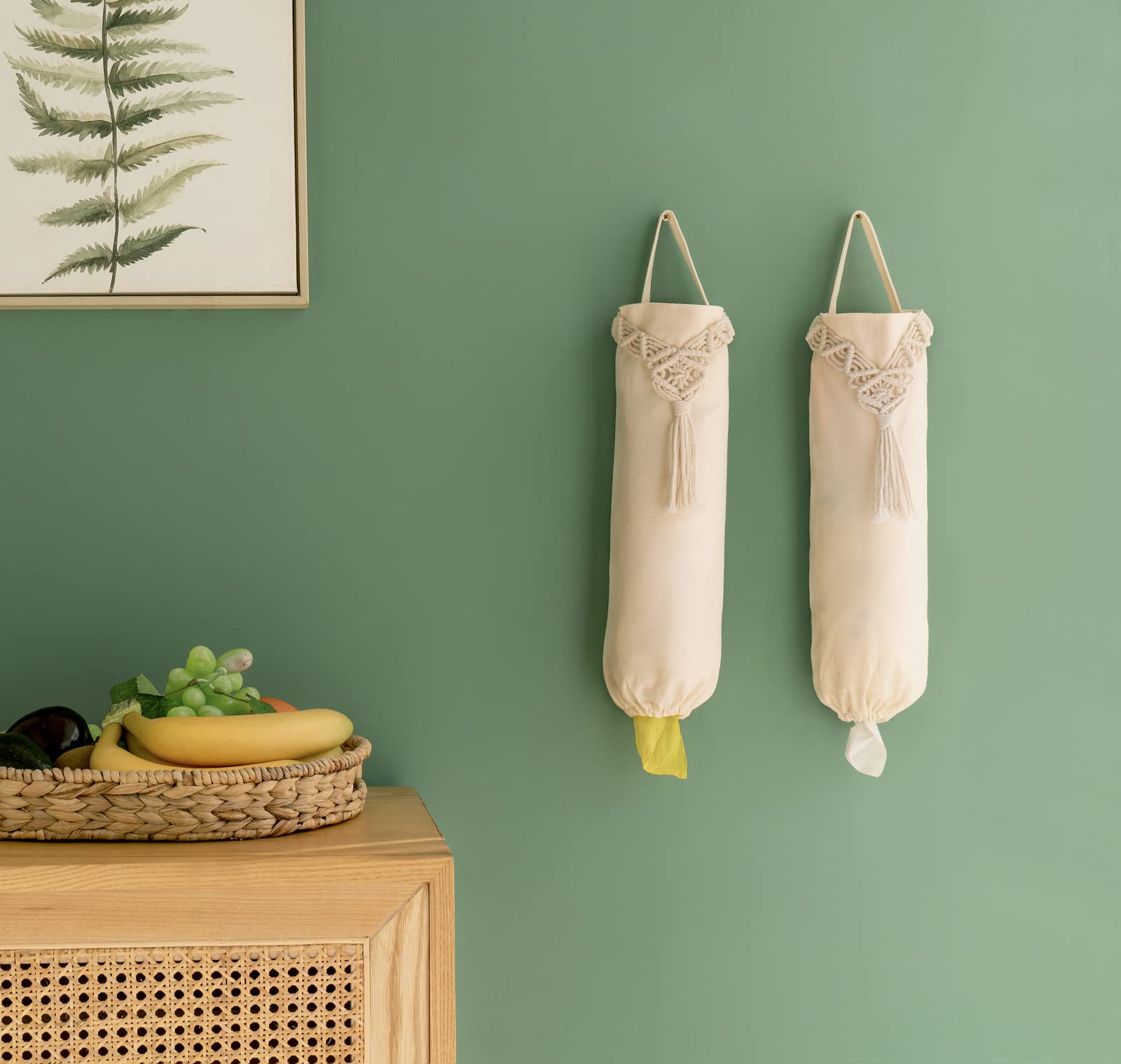 Ivory Mkono macrame dispenser showing elastic hem for secure storage