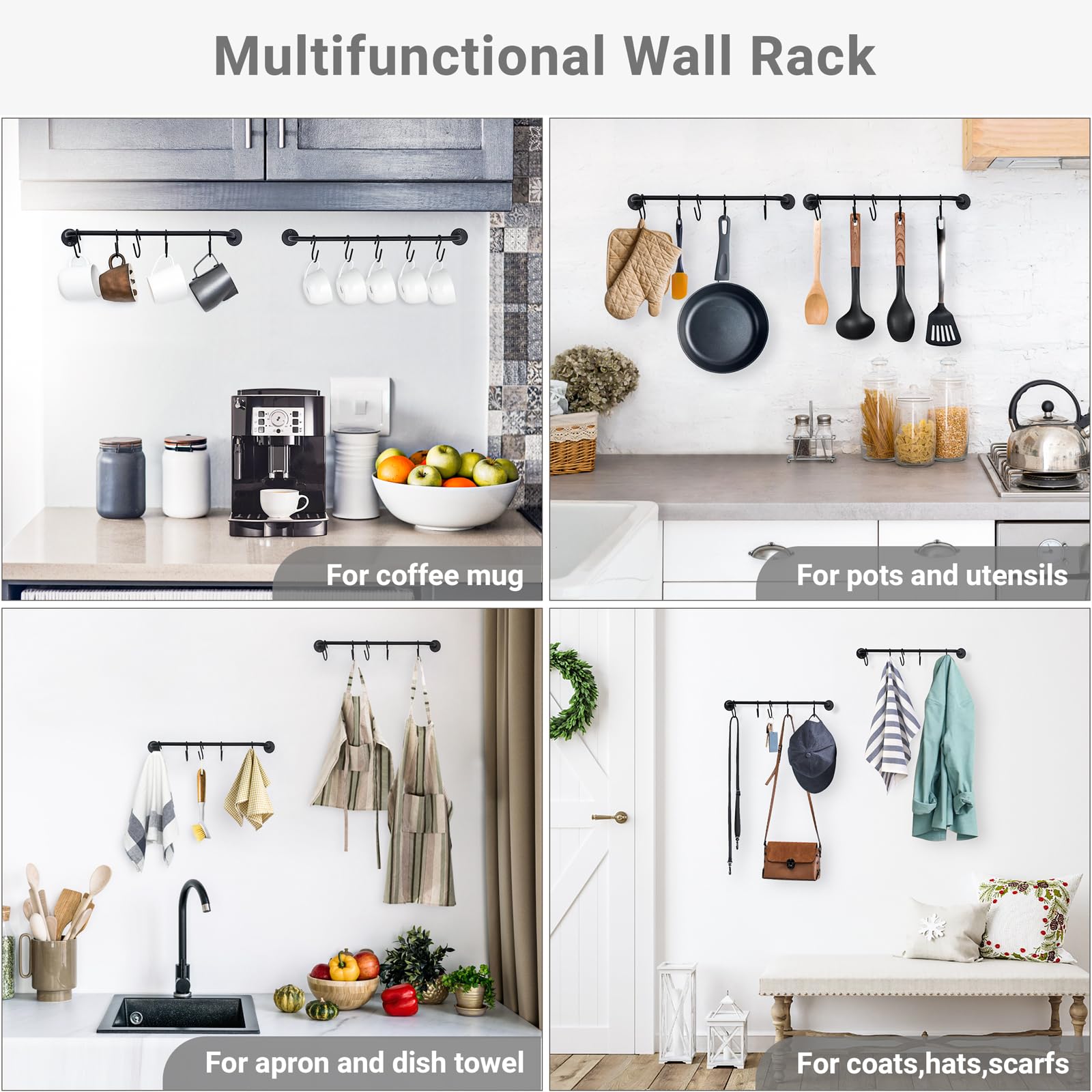 Mkono mug holder wall rack rustic black finish mounted in a kitchen setting.