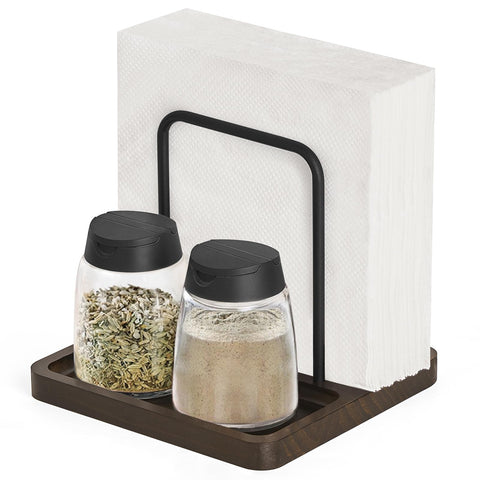 Mkono napkin holder on table with farmhouse wooden base keeps napkins upright and accessible