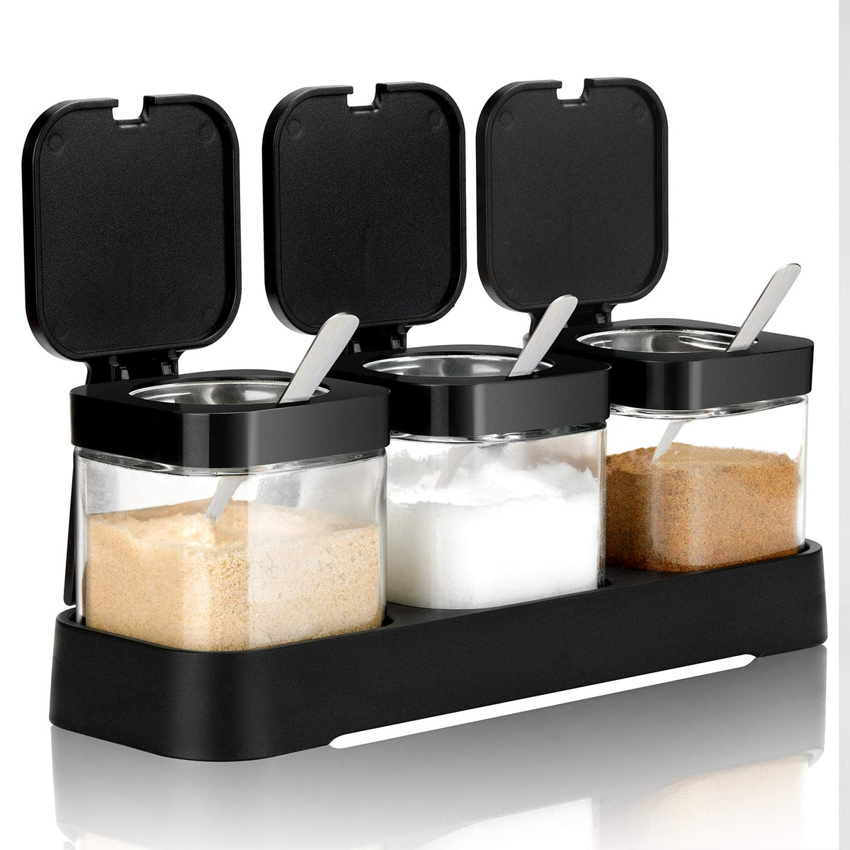 Mlici clear glass condiment jar set with lids and spoons for easy spice access.