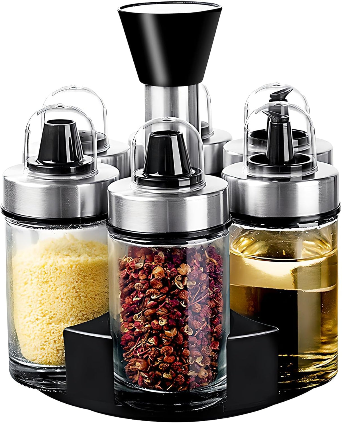 Mlici oil and vinegar dispenser set with six clear bottles for precise pouring
