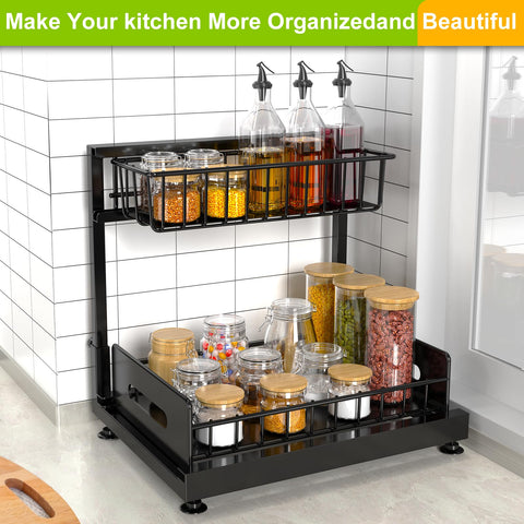 Bottom tier spacious area fits tall bottles under sink