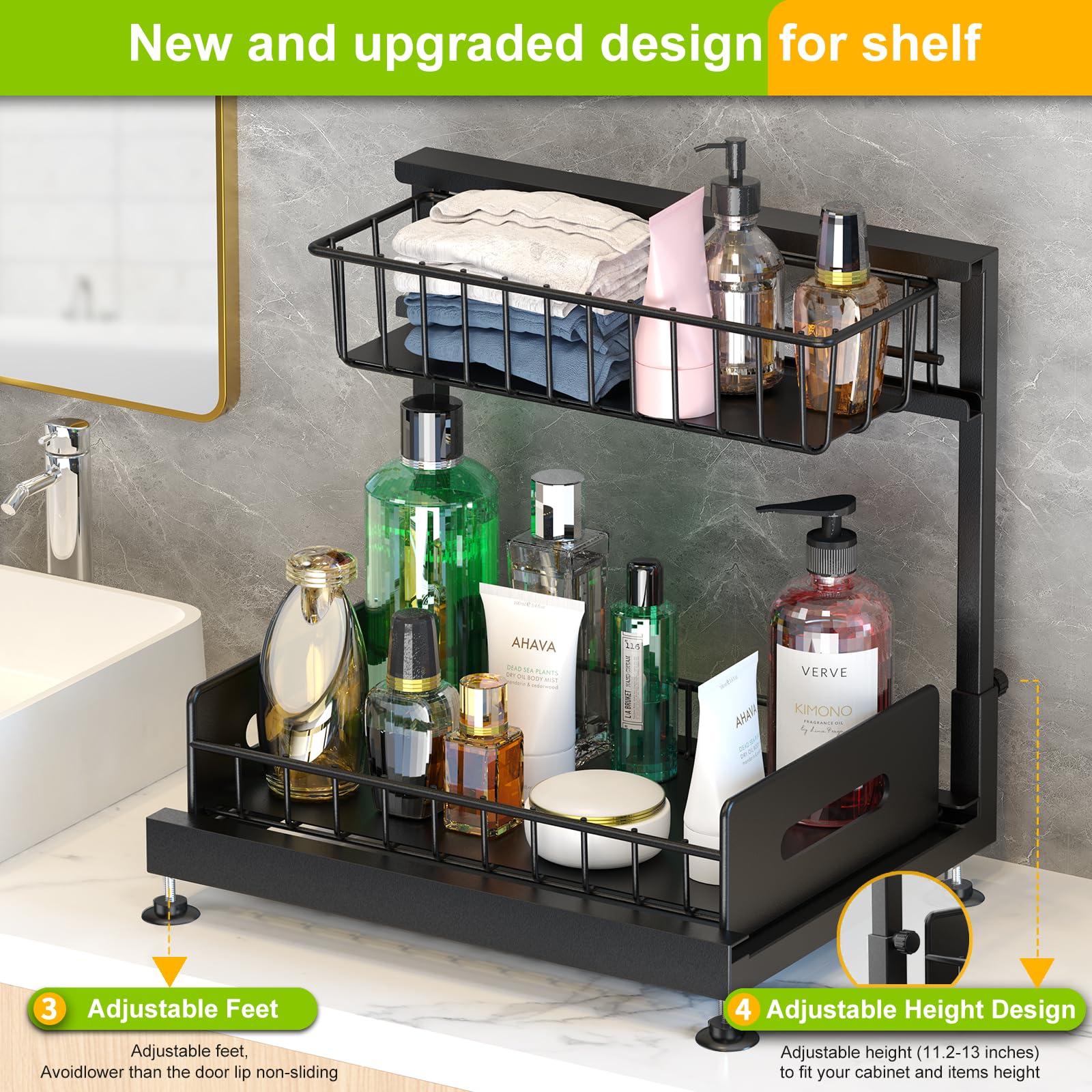 Durable steel frame with anti rust finish for under sink storage