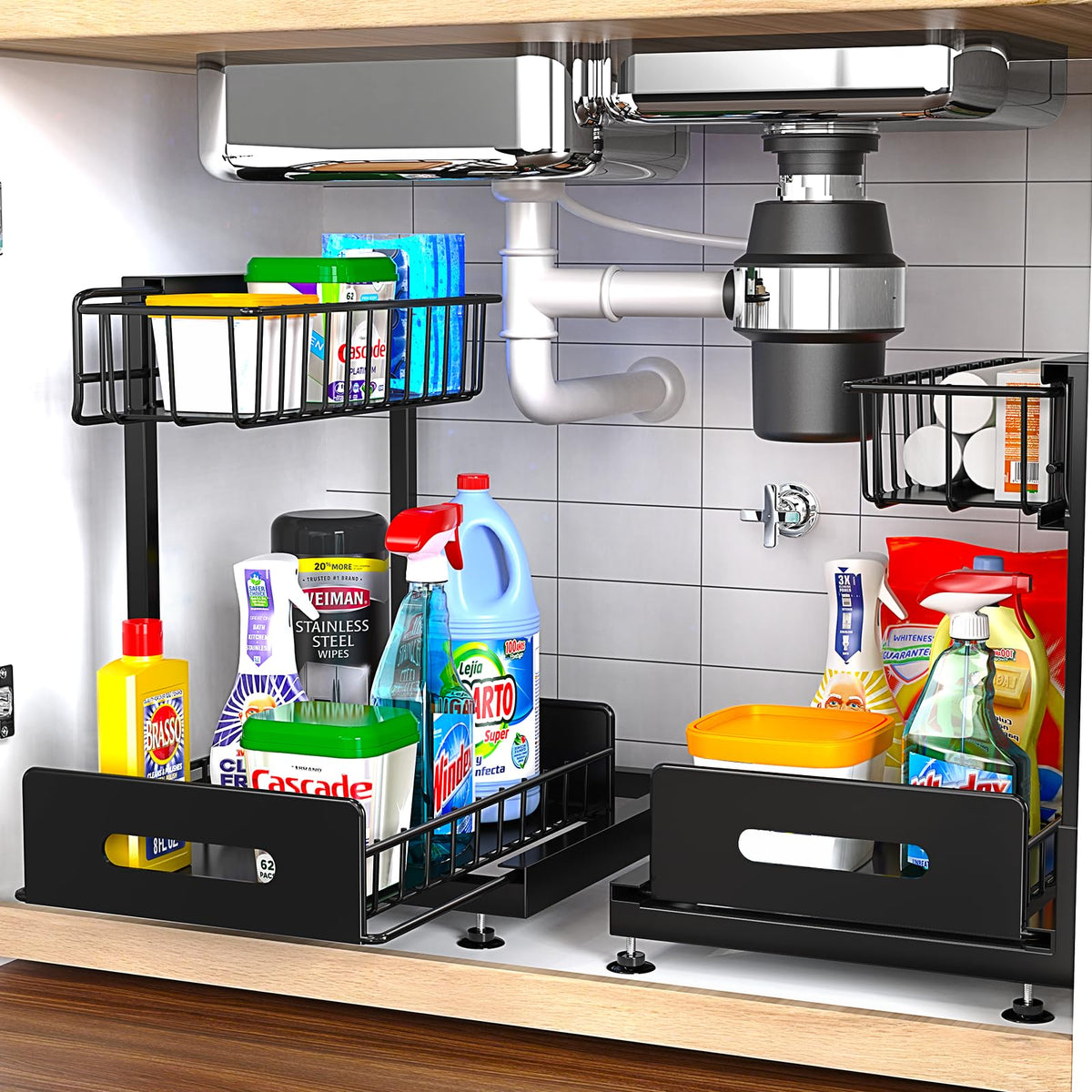 Mlinavn 2 tier under sink organizer with pull out drawer for easy access