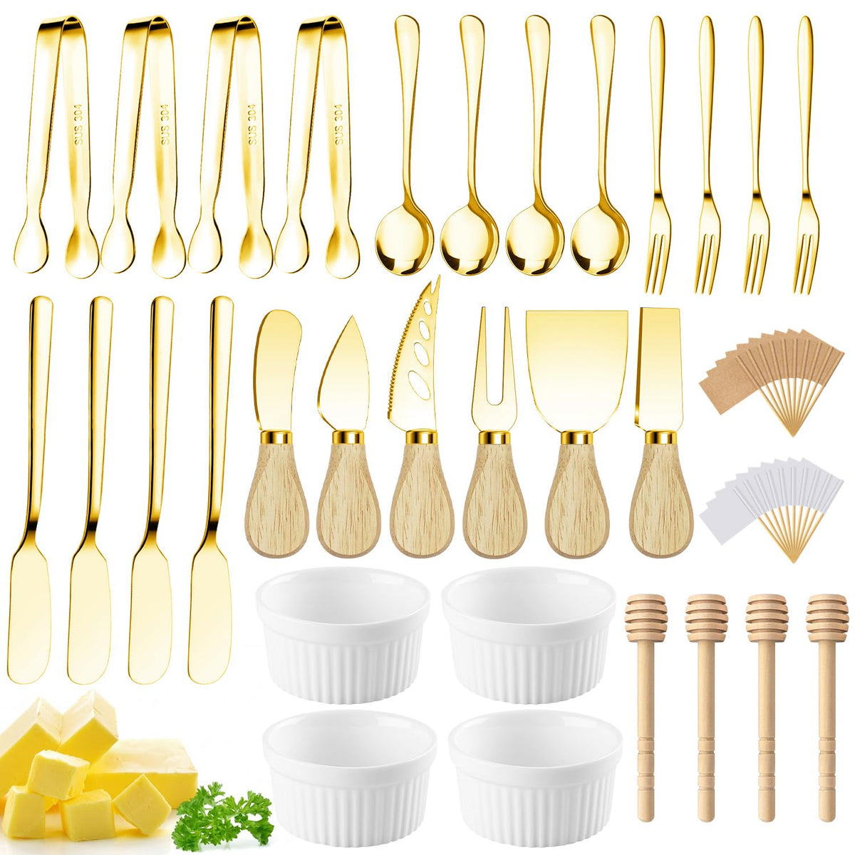 Mlurcu charcuterie knife set with gold handles for elegant cheese boards.