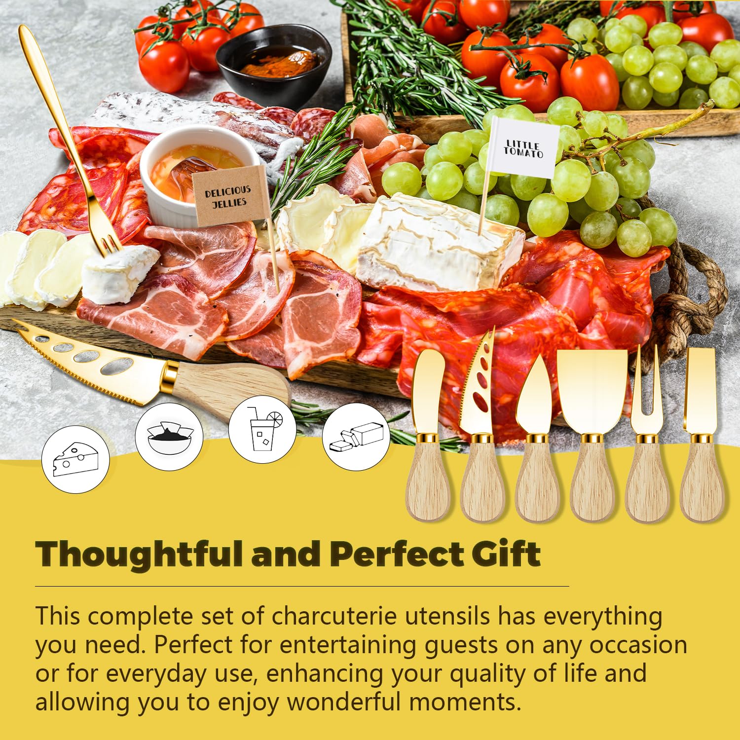 Mlurcu toothpick flags label cheeses and bites on boards.