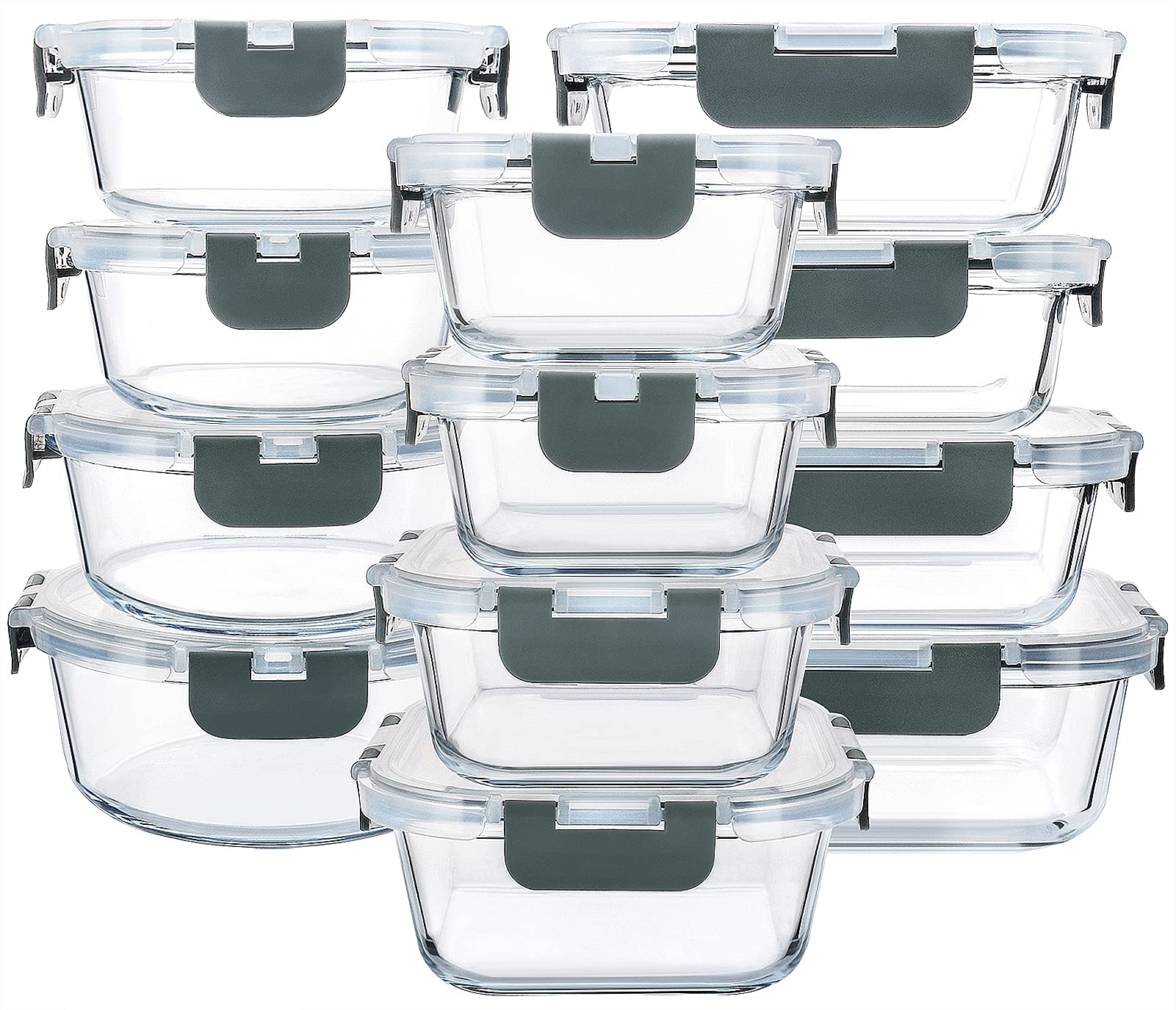 M MCIRCO 24-piece glass storage set with lids showing organized meal prep and airtight sealing.
