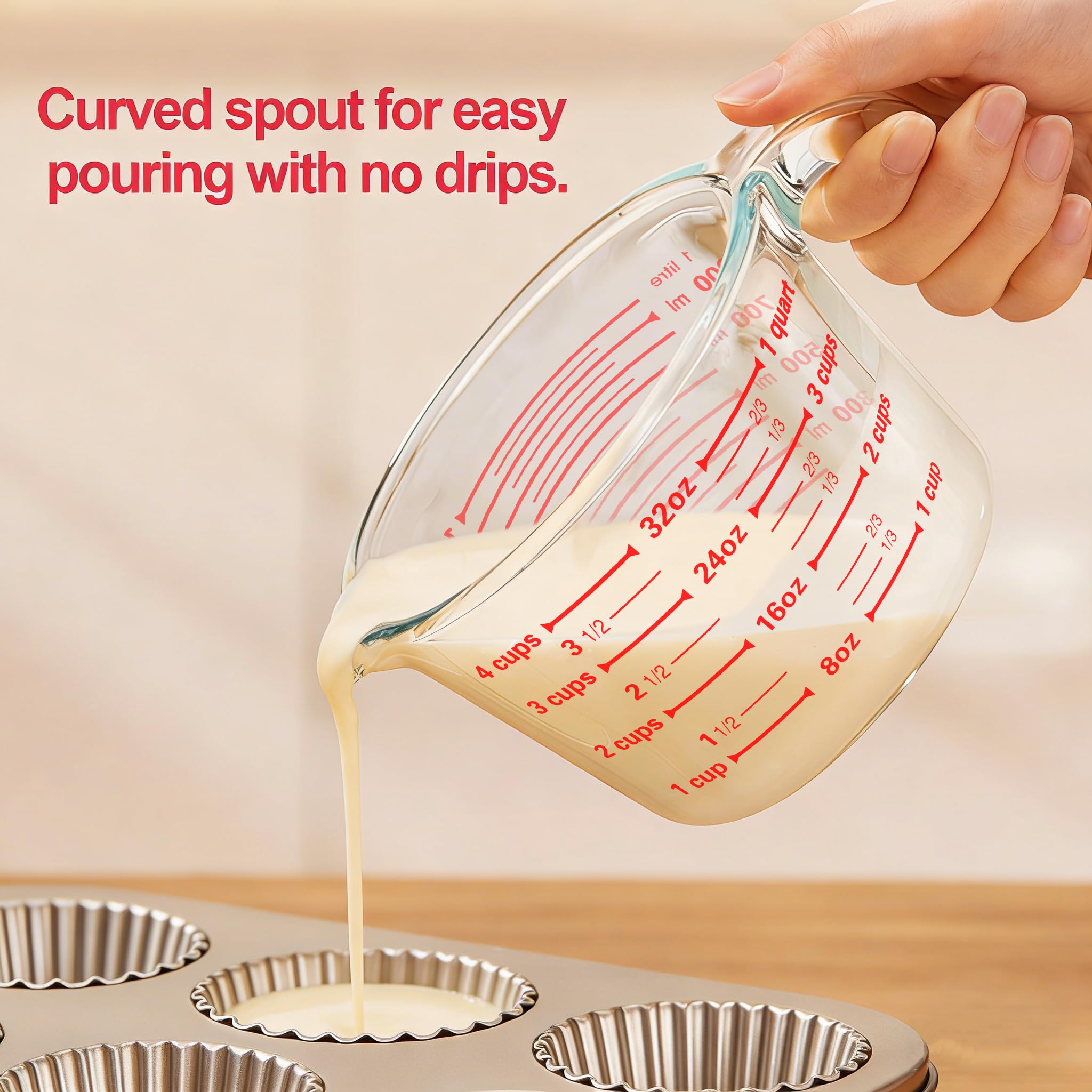 M MCIRCO glass cups feature a curved spout for clean pouring.