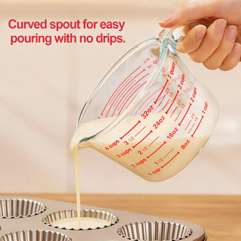 M MCIRCO glass cups feature a curved spout for clean pouring.