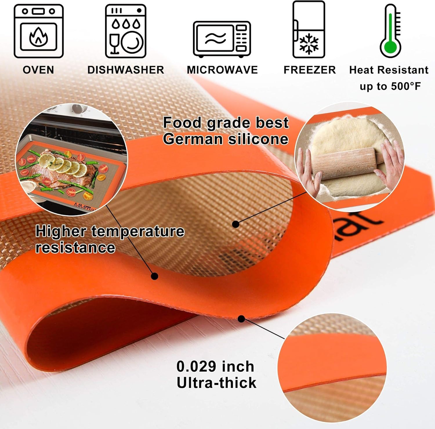 MMMAT silicone baking mat heats to 500°F for versatile baking applications.