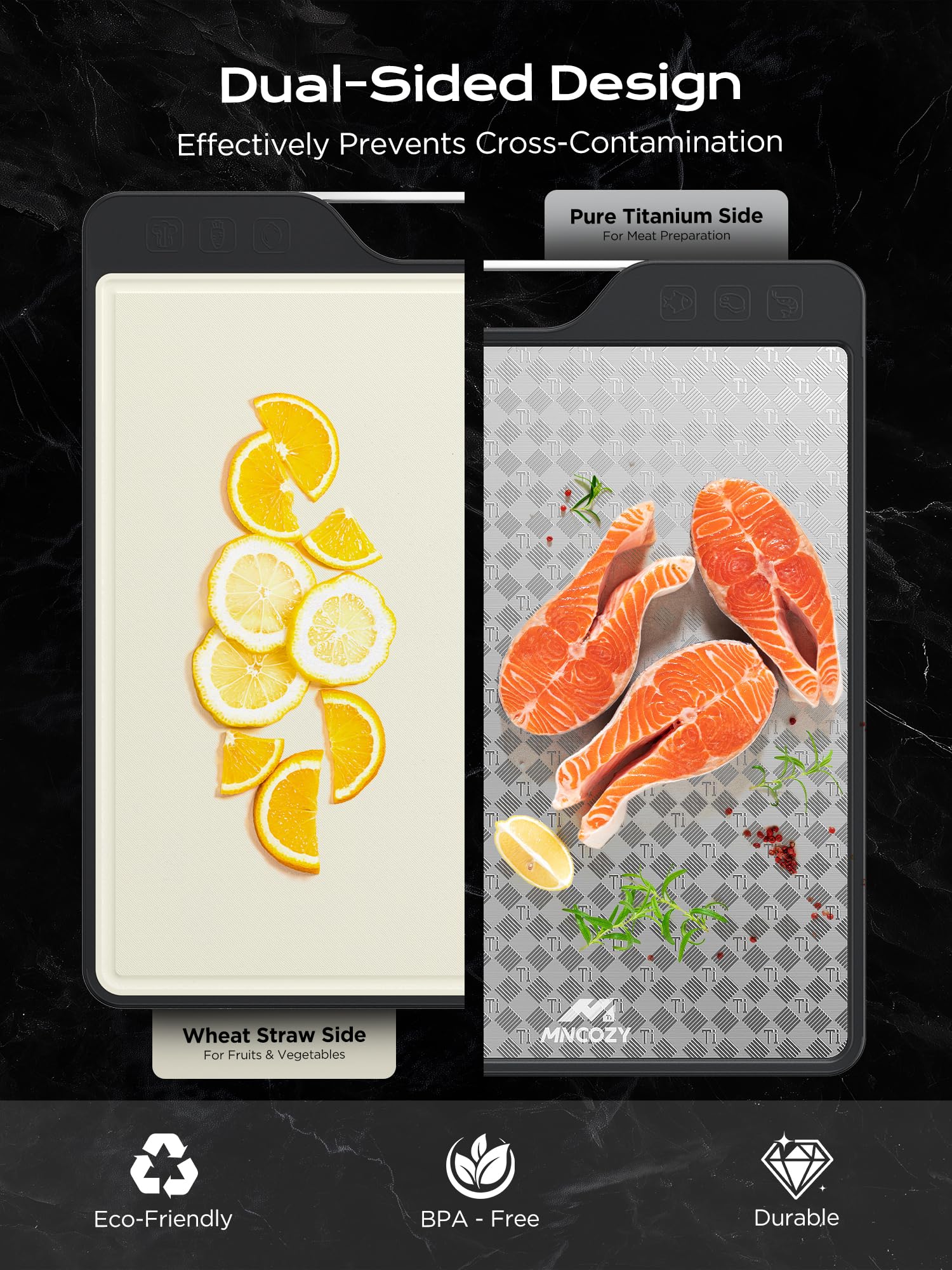 MNCOZY cutting board is lightweight yet sturdy, protecting knives during chopping.