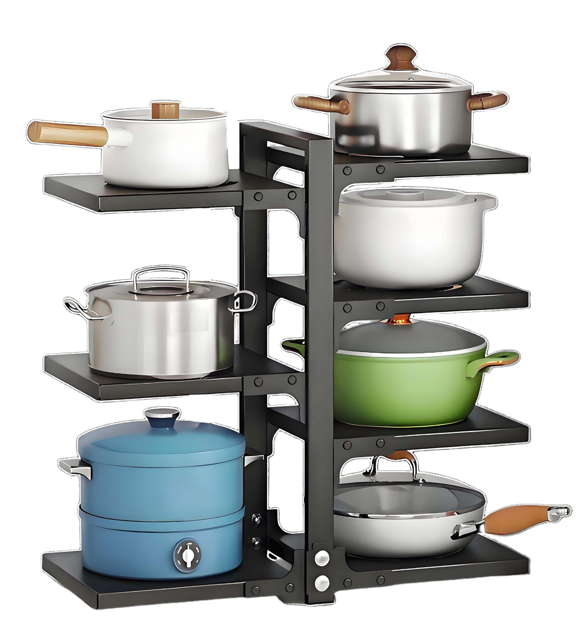 Mnftive adjustable pot organizer under-shelf view, maximizing vertical space in a 24-inch cabinet.