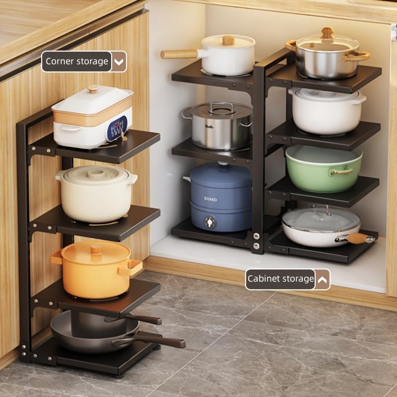 Mnftive pot organizer in stable heavy-duty stainless steel design keeping pots secure.