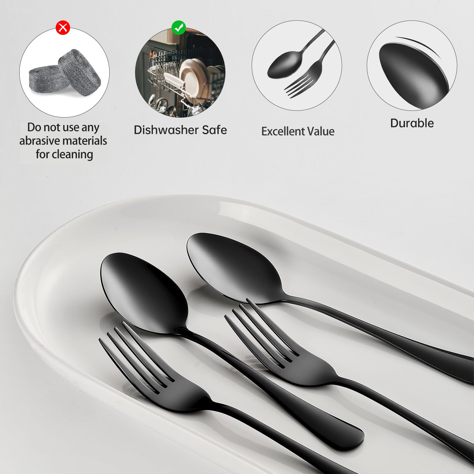 MNLWSP black spoons close-up emphasizes smooth edges for comfortable eating.